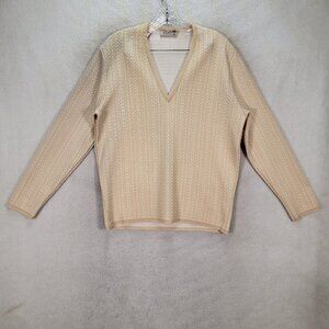 Vintage 60s 70s Carlos Palm Springs Beige Low V Neck Trevira Retro Long Sleeve